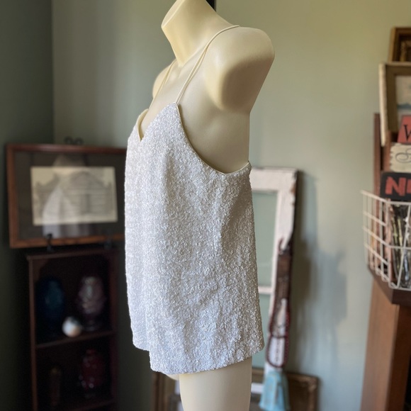 REINA DIAZ COLECCION 5 SEQUINED TANK TOP WHITE PINCHED DEEP V GREAT FOR LAYERING - Picture 4 of 15